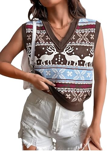 Image of JULYCLO Christmas Sweater Vest Women Ugly Xmas Reindeer Knit Sweaters Casual Santa Snowflake V Neck Sleeveless Outwear Tops