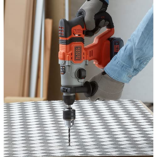 BLACK+DECKER Marteau perforateur sans fil 18V SDS-Plus, batterie 4.0Ah, chargeur 2A, coffret, poignée réglable, éclairage LED, BCD900M1K-QW