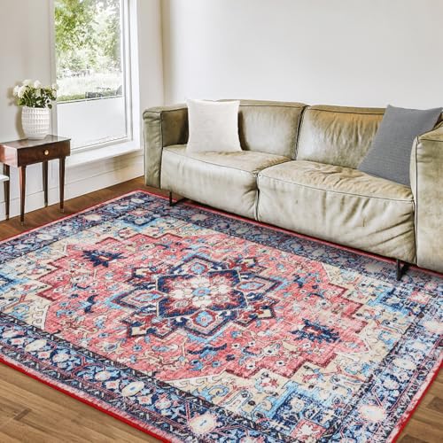 Garvee Boho Vintage Print Washable Area Rug, 5x7 ft Easy-Cleaning Washable Floral Print Rug with Low-Pile, Non-Shedding, Non-Slip Soft Accent Indoor C