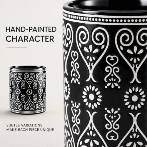 Image of 7-Inch Heavy Ceramic Utensil Holder for Kitchen Counter, Black | 6-Inch Diameter, Extra Large Crock with White Boho Pattern for Rustic Kitchen Decor