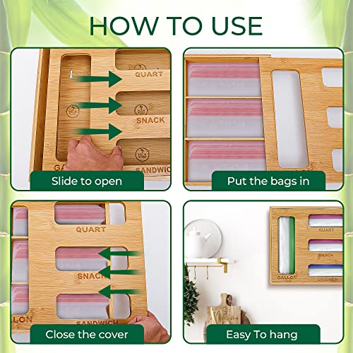 Palm Naki® Bamboo Slotted Ziplock Bag Organizer For Drawer | Storage Bag Organizer & Bag Holder For Kitchen Plastic Bag Storage | For Gallon, Gallon, Quart, Snack & Sandwich Size Ziplock Bags #TOP6