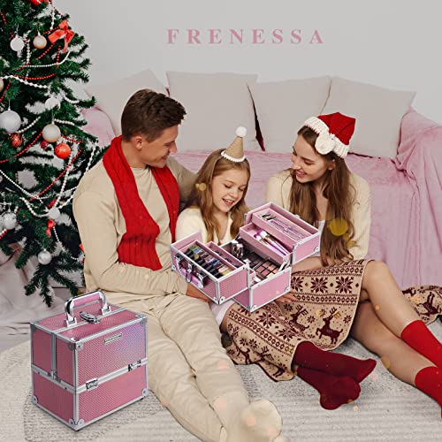 Frenessa Makeup Train Case Cosmetic Organizer Case Portable Travel Storage Box 4 Trays With Dividers Lockable Make Up Case For Makeup Artist, Nail Tech, Crafter Makeup Tools Makeup Toiletry Case Mermaid Pink #TOP7