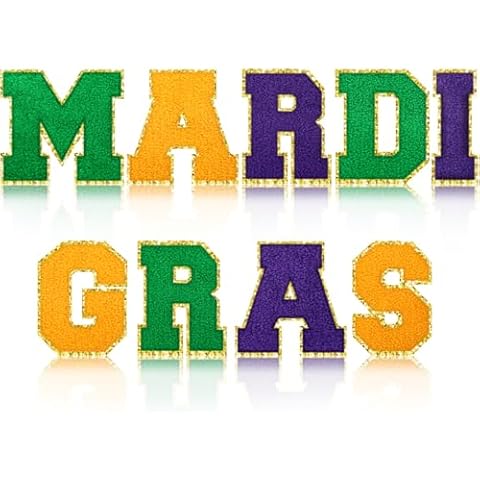 Daifunli 9 Pcs Mardi Gras Iron on Patches Chenille Glitter Letter Patch Self-Adhesive Embroidered Sewn on Patches with Gold Glitters Border for Mardi Gras Clothing Decoration Bags Shirts DIY Supply Cover