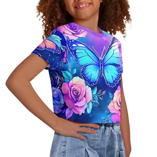Image of Girls Summer Crop Top Outfits Short Sleeve T Shirts Kids Cute Clothes Tees Blouse