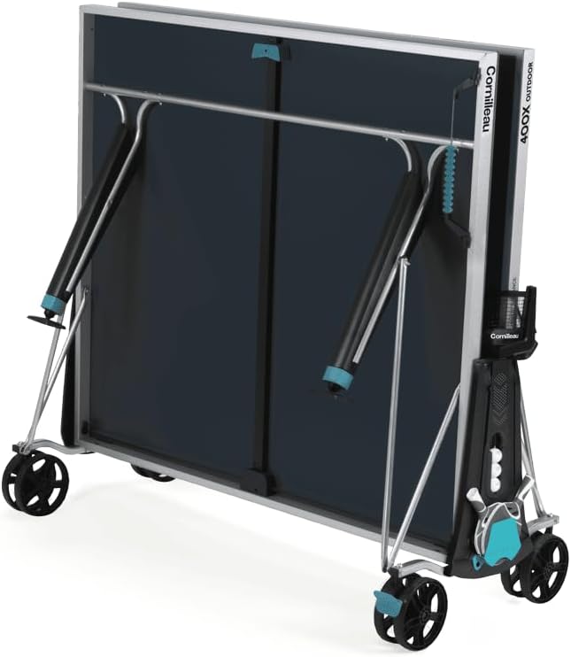 CORNILLEAU - 400X Outdoor Table Tennis Table - 5mm Weatherproof Surface, Anti-Glare Coating, Adjustable Legs, Paddle & Ball Storage, Foldable Design, Point Counters - 5 mm Blue or Grey