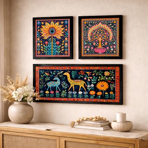 Image of NoWorries Madhubani Art Big Wall Paintings For Living Room, Bedroom /Pichwai frames for wall decor - Traditional Indian Art Framed Paintings For Home Decor and Cafe decor / Minimal art framed posters for wall decoration