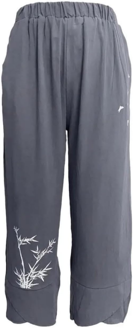 Capris Pants for Womens Cotton Linen Wide Leg Plus Size Cropped Pants Print Comfy Elastic Waist Sweatpants - Image 2