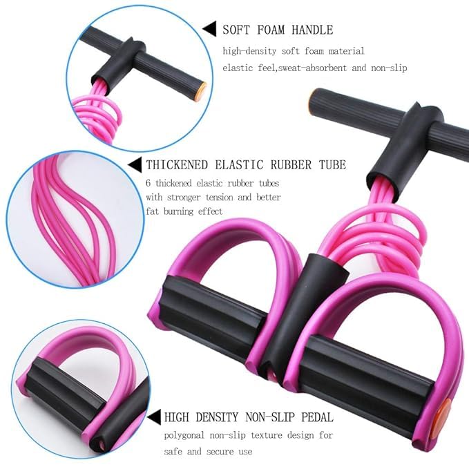 Image of RH MALL Multifunction Tension Rope, 4-Tube Elastic Yoga Pedal Puller Resistance Band, Natural Latex Tension Rope Fitness, for Abdomen /Waist /Arm /Leg Stretching Slimming Training (Pink 1)