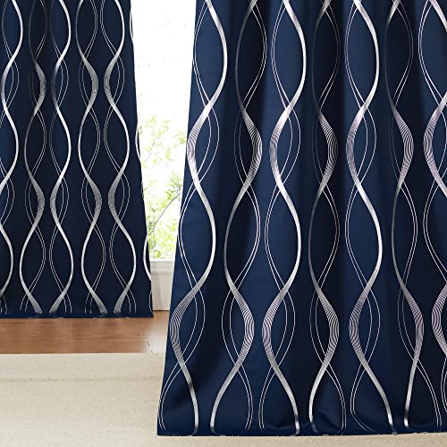 NICETOWN Blackout Curtain Panels 72 inches Long, Window Treatment Foil Printed Wave Lines Thermal Insulated Grommet Blackout Drapes for Living Room/Office/Guest Room(Navy, 1 Pair, 52 inches