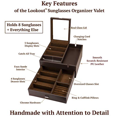 Houndsbay Lookout Sunglasses And Eyeglasses Organizer Storage Display Case Dresser Valet Box Charging Station (Brown/Brown) #TOP2