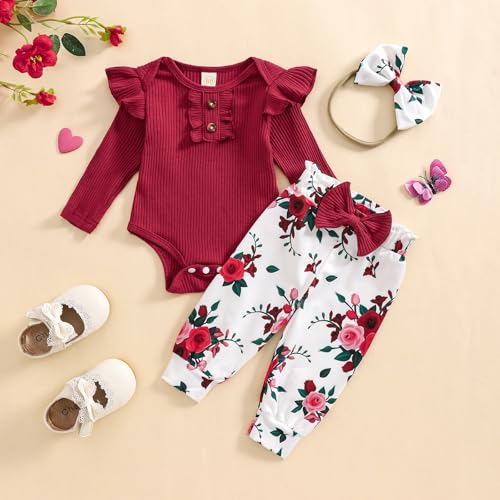 Baby Girls Clothes Ribbed Romper Bodysuit Pants Headband Set Fall Winter Outfits2
