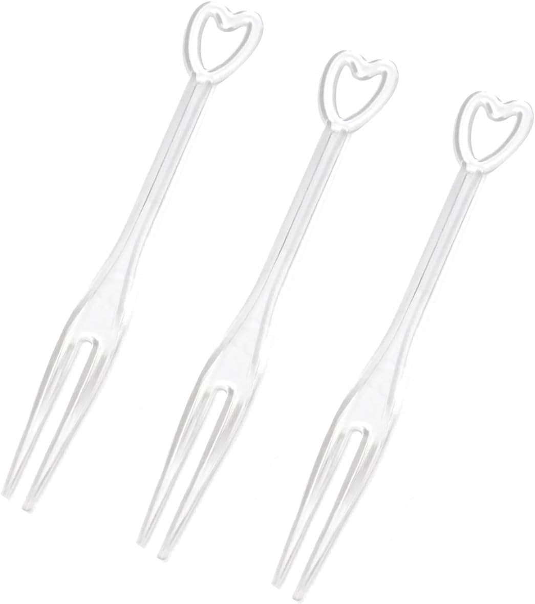 Honbay 200PCS Transparent White Disposable Fruit Forks Dessert Forks Cake Forks Appetizer Forks Plastic Cocktail Picks Sticks Cute Heart Shaped Food Picks