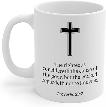 DesiDD Proverbs 297 Mug - The righteous considereth the cause of - Proverbs 29 7 Gifts - Bible Verse with Cross, Inspirational Scripture, Birthday Christmas Baptism - 11oz Coffee Cup