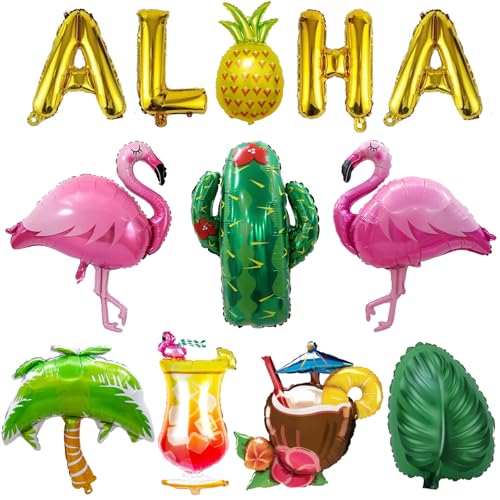 LMSHOWOWO 12PCS Hawaii Party Deko Ballons, Hawaii Party Folienballon, Folienballon Flamingo Ananas kokosnuss, ALOHA Banner, Flamingo Party Dekoration, für Tropical Sommerparty Pool Beach Geburtstags