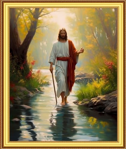 Image of Foxnyart Stamped Cross Stitch Kits Full Range of Embroidery Needlework Starter Kits for Beginners Adults 11CT Embroidery Patterns Art Crafts DIY Needlepoint Kit-Exploring Forest Jesus 16x20 inchs