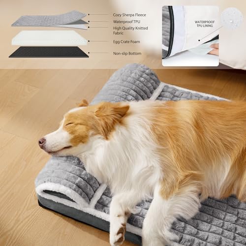 Jolifield Orthopedic Dog Bed Large Sized Dog with Pillow 36\'\'X24\'\', Waterproof Soft Comfortable Egg Crate Foam Pet Crate Beds Mat with Removable Washable Cover and Non-Slip Bottom, Grey - Thumbnail 3