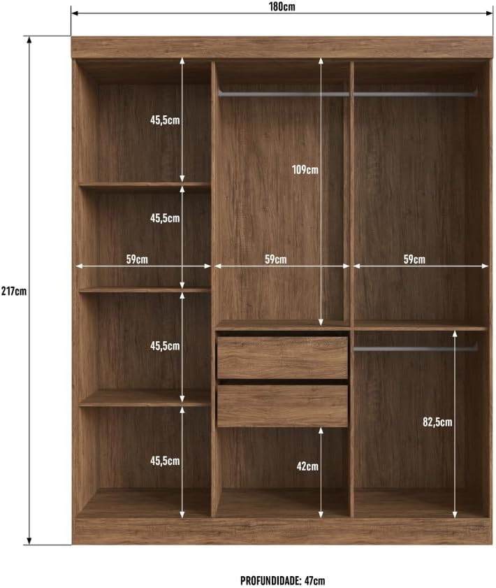 Internal layout of the Doripel Malibu Wardrobe with dimensions, showing shelves, hanger rods, and two drawers.
