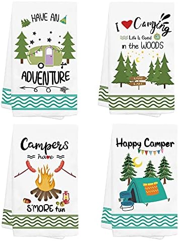 Camping Dish Towels and Dish Cloths, Funny Kitchen Towels with Sayings, Happy Camper Kitchen Hand Towels Sets of 4, Farmhouse Housewarming Gifts for RV Owners Lovers, 4 Pack Hand Towels Tea Towels