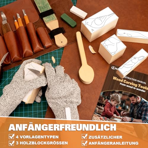 Holzschnitz-Set, 32-teiliges Holzschnitzwerkzeug-Set mit Aufbewahrungstasche, Holzschnitzmesser-Set mit 4 Schablonen & 11 Holzschnitzmessern für Holzbastelanfänger