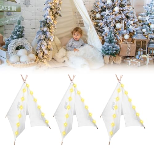 3pcs Teepee Tent with 10FT String Lights for Kids, Canvas Teepee Play Tent, Indoor & Outdoor Playing Tents with for Girls & Boys Party Indoor Outdoor Games (White)