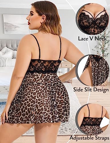 Image of Avidlove Plus Size Lingerie Lace Babydoll Womens Strap Chemise Nightgown V Neck Nighty Mesh Sleepwear Side Slit Nightdress