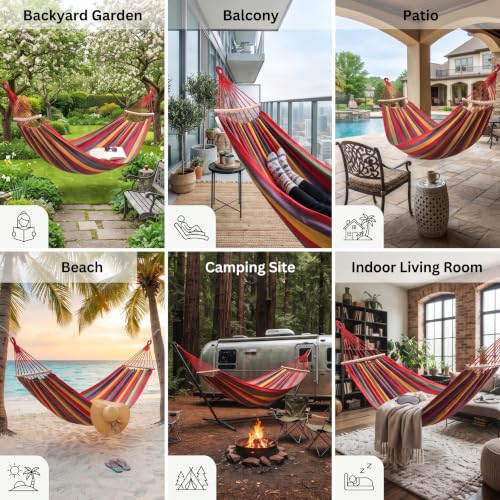 Image of Baskety Double Person Cotton Canvas Hammock with Spreader Bars, Ultralight Travel & Camping Swing Bed for Balcony, Garden, Outdoor & Beach - Max Load 200KG, Red (280 x 100 cm)