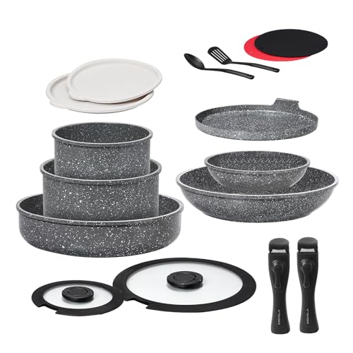 ESEVOLO Batterie de cuisine 16 pièces induction, Lot de Casseroles et Poêles avec poignées amovibles, Empilable, Revêtement Antiadhésif en Céramique sans PFAS,...