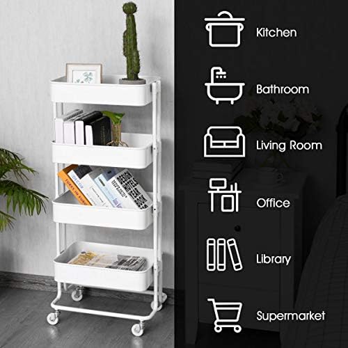 COSTWAY 4 Tier Storage Trolley Cart, Metal Rolling Utility Organiser Shelf with Mesh Basket and Wheels, Mobile Serving Trolley Rack for Home Kitchen Bathroom Office (White)