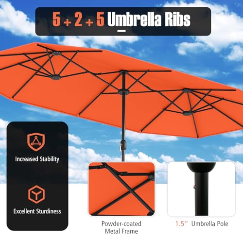 Image of Tangkula 13FT Double-sided Patio Umbrella, Extra Large Twin Table Umbrella with Crank Handle, Umbrella Base, Safety Lock, Air Vent, Outdoor Market Umbrella for Garden Pool Backyard (Orange)