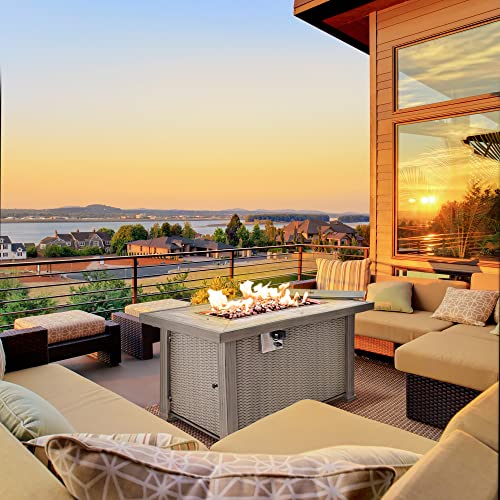 Outsunny 42" Propane Fire Pit Table, 50,000 Btu Wicker-Effect Auto-Ignition Gas Fireplace Fire Pits With Ceramic Tabletop, Steel Base, Lid, Lava Rocks And Cover, Csa Certification, Grey #TOP1