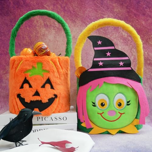 Image of Dia 7.9 inch * H 15.7 inch, Plush Halloween Baskets Trick or Treat Bags Halloween Candy Bucket, Gift Bucket for Party Favor Supplies (2Pcs-Pumpkin&Witch)