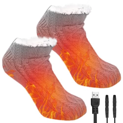 Lomffy USB Heated Socks for Men Women, Electric Heating Socks Thick Plush Slipper Socks Non Slip Foot Warmer Full Sole Thermal Foot Heater Self Heating Knitting Sock Christmas Winter Feet Warming Gift