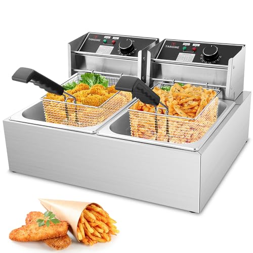 Commercial Deep Fryer – 3400W Electric Deep Fryers with 2×6.35QT Baskets 0.8mm Thickened Stainless Steel Countertop Oil Fryer 20.7QT Large Capacity with Temperature Limiter (12L)