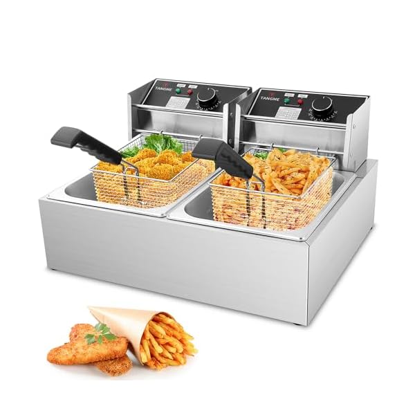 Commercial Deep Fryer – 3400W Electric Deep Fryers with 2×6.35QT Baskets 0.8mm Thickened Stainless Steel Countertop Oil Fryer 20.7QT Large Capacity with Temperature Limiter (12L)