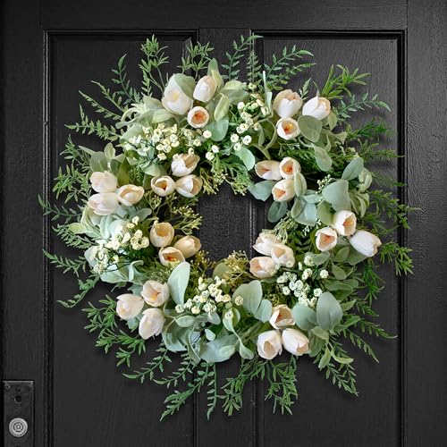 20 Inch White Tulip Wreath for Front Door with Lamb's