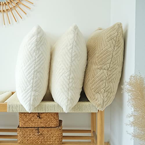 Jojusis Pack Of 2 Faux Fur Plush Decorative Throw Pillow Covers Couch Cushion Case Soft Fluffy 3D Striped Double-Sided Pillowcases (White, 18 X 18-Inch) #TOP6