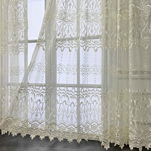 Wpkira Indoor/Outdoor Balcony Window Treatments Beige Lace Embroidered Rod Pocket Top Sheer Panels Tulle Voile Door Window Curtain Drape For Living Room , 1 Panel W54 X L84 Inch #TOP4
