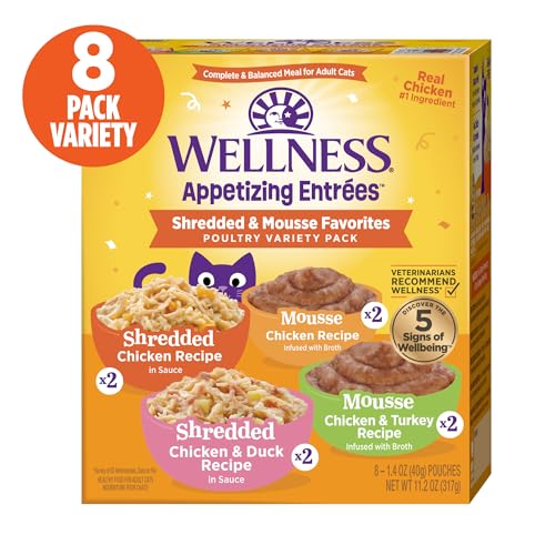 Image of Wellness Appetizing Entrees Shredded and Mousse Variety Pack Adult Wet Cat Food, Natural, Protein Rich, Grain Free, Poultry Recipes, 1.4 oz, Pack of 8 Pouches