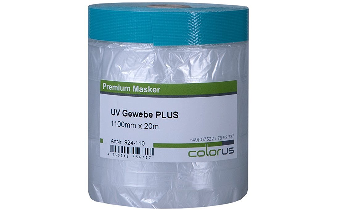 Colorus Masker Tape UV 12er Set Gewebe 20 m mit 110 cm Abdeckfolie | Folien Abklebeband mit UV-Gewebeband: 12 Rollen mit je 20 m Bandlänge und 110 cm Folienbreite für Fenster und Türen