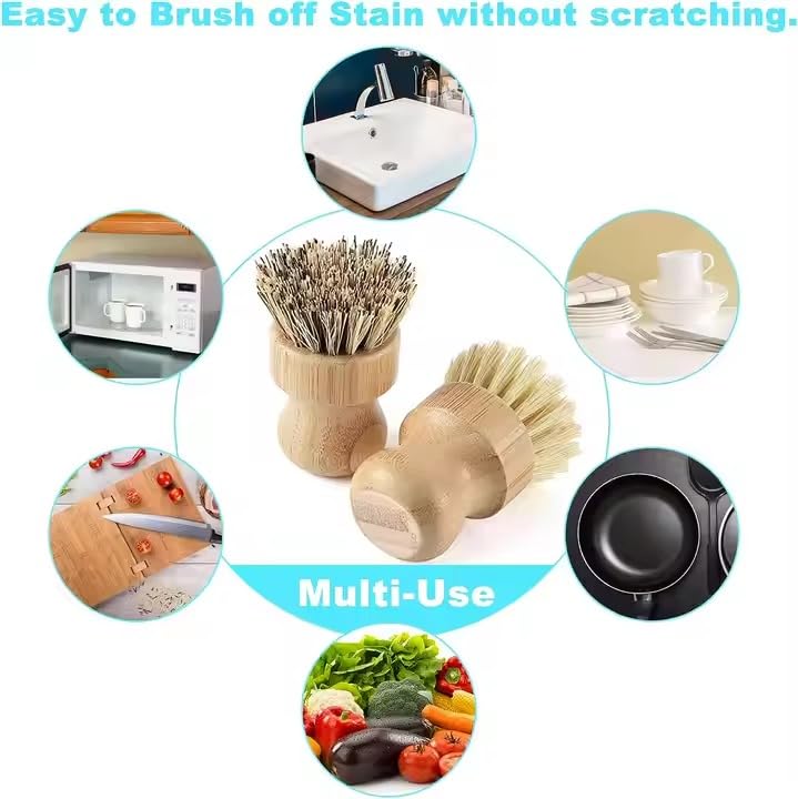 4 Pcs Bamboo Dish Brush Set – Natural Dish Scrubber with Ergonomic Handle, Durable Kitchen Cleaning Brush for Dishes, Pots & Pans – Sisal Bristles for Cast Iron