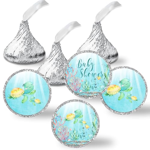 Sea Turtle Candy Stickers, Baby Turtle Stickers, 324 Pack 0.75-Inch Round Labels, 3 Sheets for Wrapped Chocolates, Little Hatchling Baby Shower Favors & Envelope Seals by Amanda Creation