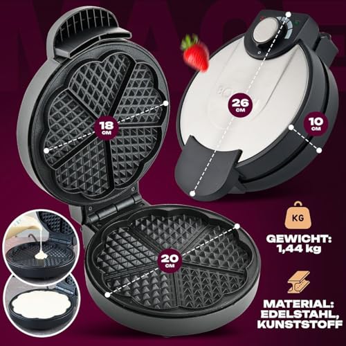 Foto von Bomann® Waffeleisen mit Ø 18cm antihaftbeschichteter Backfläche | Waffeleisen Herzform | mit stufenlos einstellbaren Bräunungsgrad & Backampel | Waffle Maker mit Edelstahleinlage | 1000W | WA 1365 CB