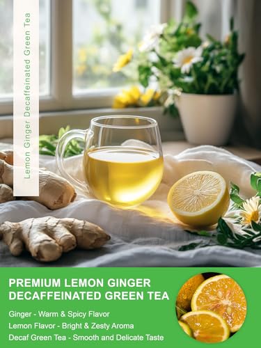 Image of TeeLux Decaf Lemon Ginger Green Tea Bags, Refreshing & Smooth Taste, 50 ct
