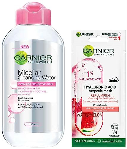 Image of Garnier Skin Naturals, Micellar Cleansing Water, 125ml & Garnier Hyaluronic Acid Ampoule Face Sheet Mask With Watermelon - For Dull And Extreme Dry Skin