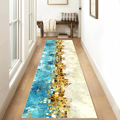 Siunwdiy Teppichläufer rutschfest Läufer Flur 50x220cm Küchenteppich Abstrakt Türkis Beige und Gold Waschbar Meterware Schlafzimmer Korridor Teppich Lang, Länge Anpassbare, 40-100cm Breit