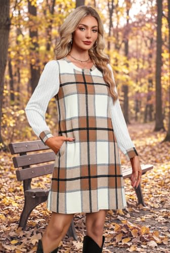 OFEEFAN Womens Long Sleeve Tunic Dresses 2026 Sweater Dress Fall Winter Brown Grid L — view 3