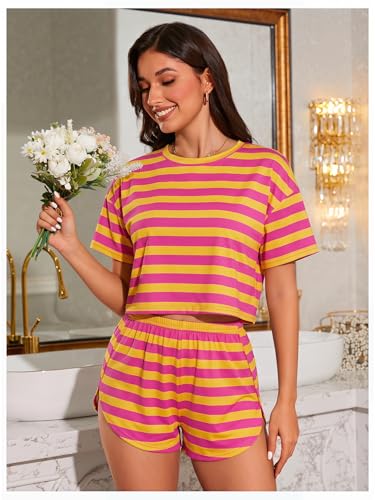 Image of OYOANGLE Womens Pajama Sets 2 Piece Sexy Lounge Sets Summer Cute Pjs Striped Print Tee and Side Split Shorts Set