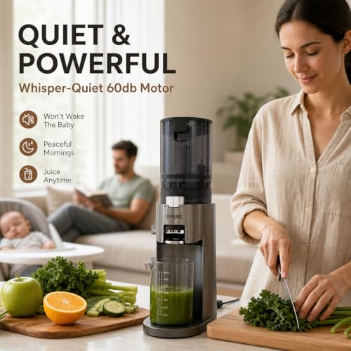 Image of SIFENE Cold Press Masticating Juicer for Whole Produce, 100mm Chute, Gray | 600ml juice cup and 800ml pulp cup, 60 RPM slow squeeze, reverse function, BPA-free food-contact parts, apple and celery prep