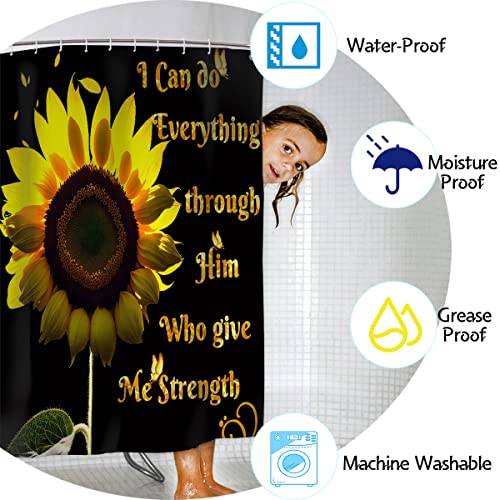 Izayoi 4 Pcs Sunflower Shower Curtain Set,Yellow Flower Butterfly Controller Bath Curtain With Anti-Slip Mat Toilet Cover And 12 Hooks,Black Waterproof Sunflower Bathroom Decor Sets #TOP3