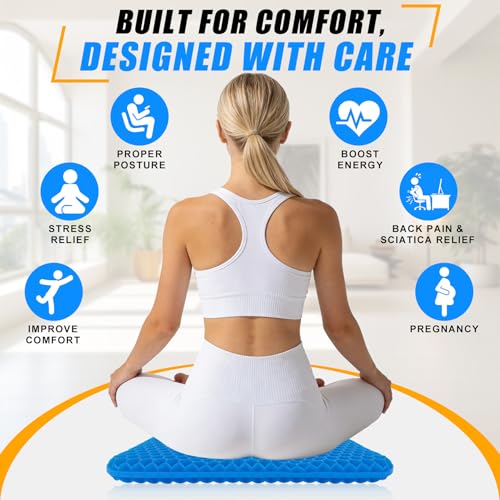Zaztytoy Sitzkissen Gelkissen Orthopädisch - Ergonomische Wabenstruktur, Rutschfester, Atmungsaktives, mit 2 Abnehmbarer Waschbarer Bezug, Für Büro, Auto Oder Zuhause (Blau, 43cm*43cm*4cm)